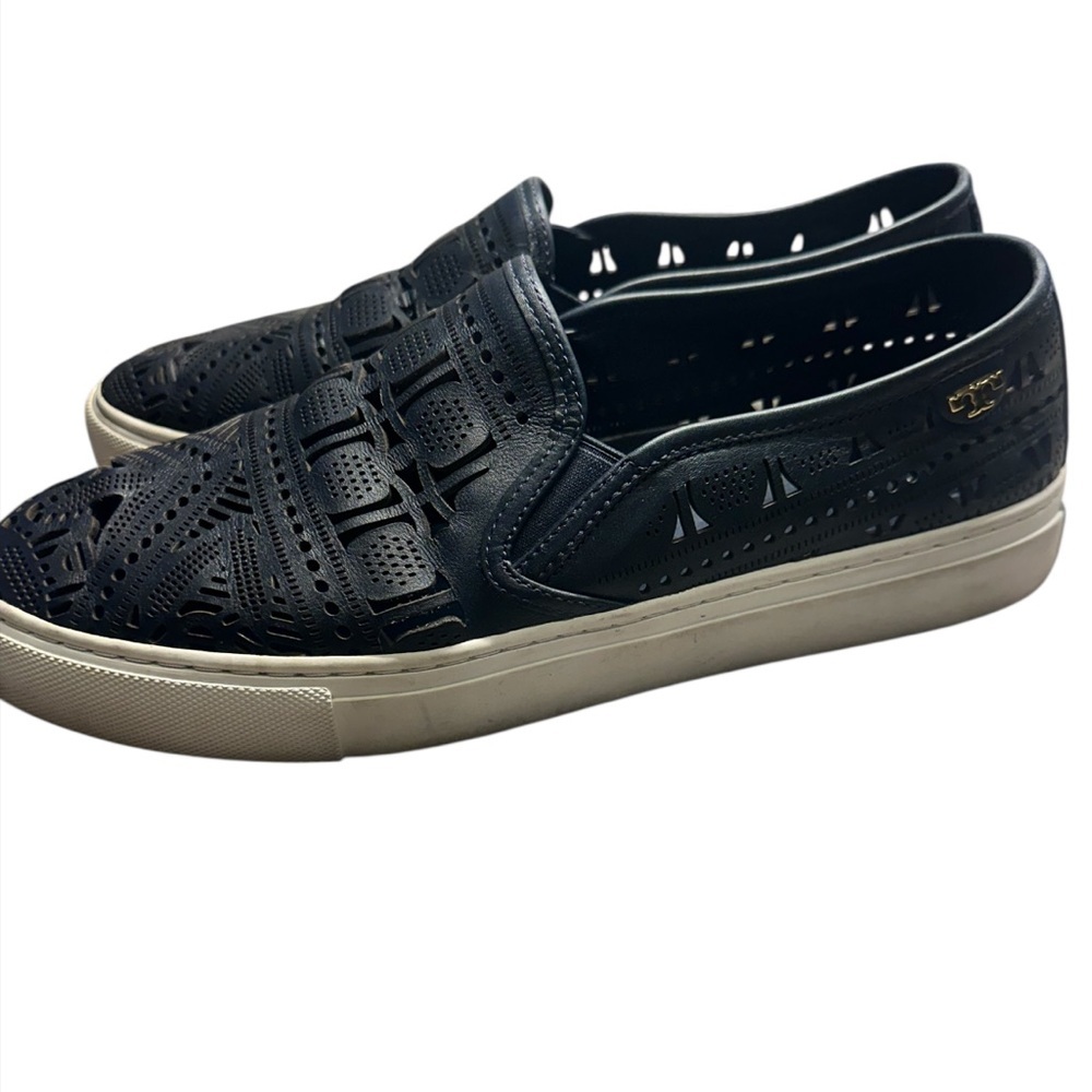 Tory Burch Lennon Dark Navy Blue Slip-On Loafers Lazer Cut Size 10 - Picture 3 of 9